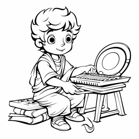 Boy playing piano - Black and White Cartoon Illustration. Isolat