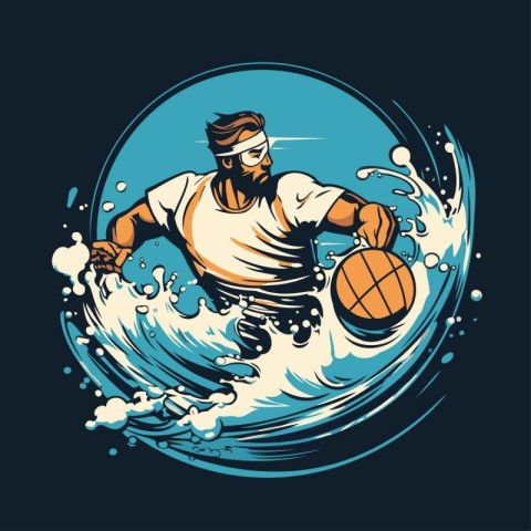 Vector illustration of a man surfing with a ball in his hand.