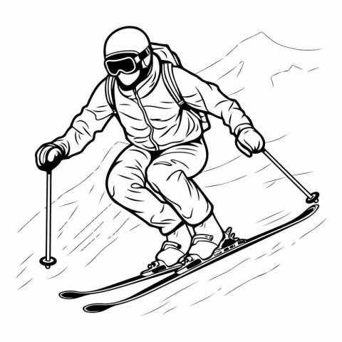 Skiing. Black and white vector illustration of a skier in the mo