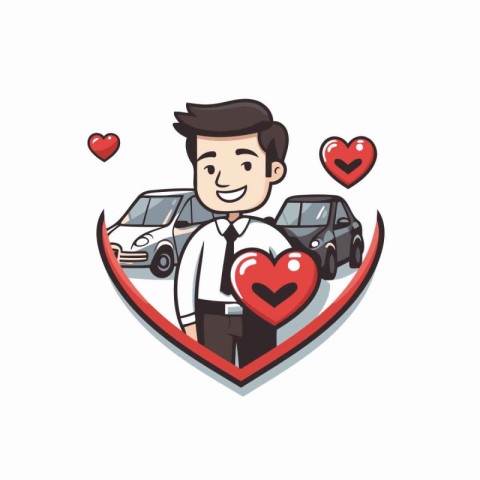 Vector illustration of a man with a car and a heart in his hand