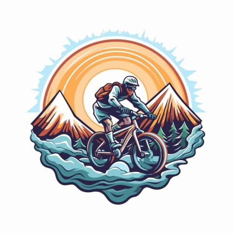 Mountain biker riding a bike in the mountains. Vector illustrati