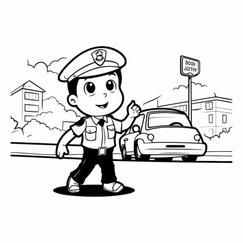 Cartoon policeman with a car on the street. Vector illustration.