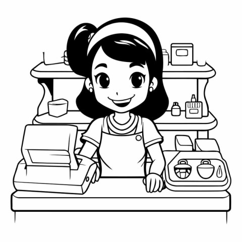 Black and White Cartoon Illustration of a Cute Girl Smiling at t