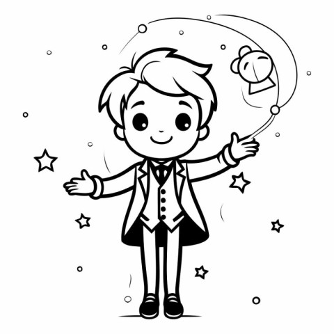 Black and White Cartoon Illustration of a Kid Boy Wearing a Suit