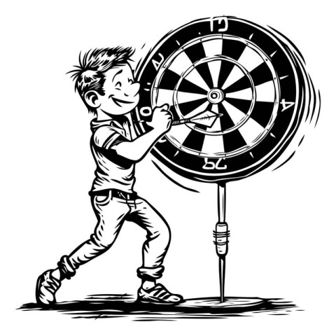 Boy playing darts. Black and white engraving. Vector illustratio