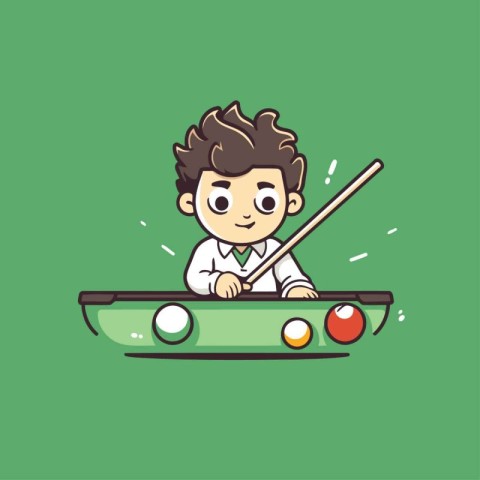 Boy playing billiards. Vector illustration in cartoon style. Iso