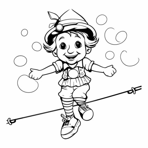 Black and White Cartoon Illustration of Little Kid Playing Juggl