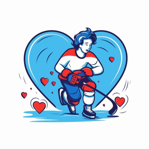 Hockey player with stick and puck in heart shape vector illustra