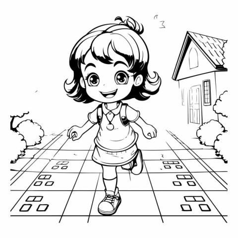 Black and White Cartoon Illustration of Little Girl Running to t