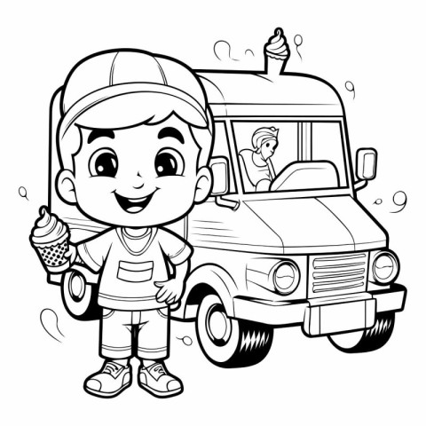 Coloring Page Outline Of Cartoon Delivery Boy with Ice Cream Tru