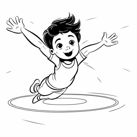 Little boy jumping on a trampoline. black and white vector illus