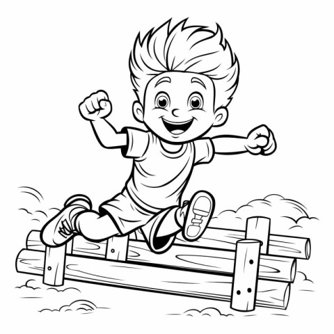 Black and White Cartoon Illustration of Happy Kid Boy Jumping Ov