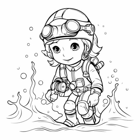 Coloring book for children: diver girl in the sea. vector illust