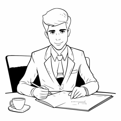 Businessman sitting at the desk and writing in a notebook. black