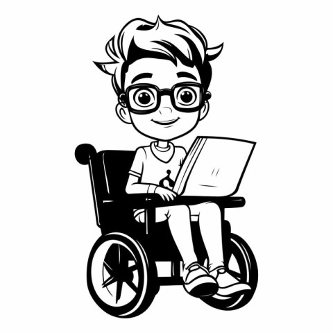 Boy in wheelchair with laptop. Vector illustration of a cartoon