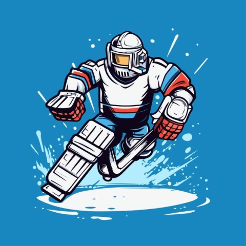 Ice hockey player isolated on blue background. Vector illustrati