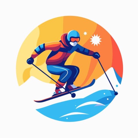 Snowboarder skiing in the mountains. Vector illustration in flat