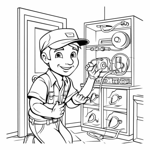 Electrician at work. Coloring book for adults. Illustration in v