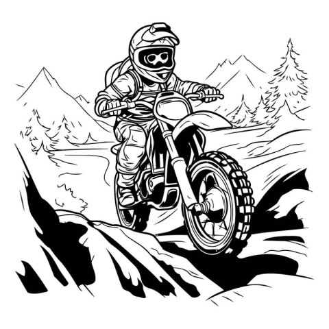 Motocross rider on the road. Monochrome vector illustration.