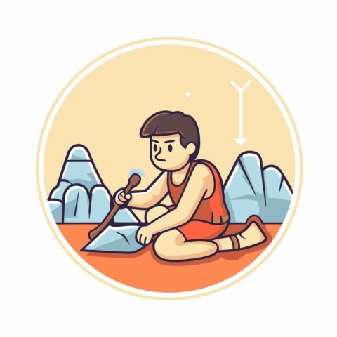 Cute boy rowing a kayak. Vector cartoon illustration.