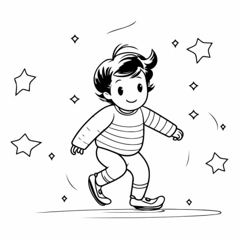 Cute little boy skating on ice. Vector illustration for coloring