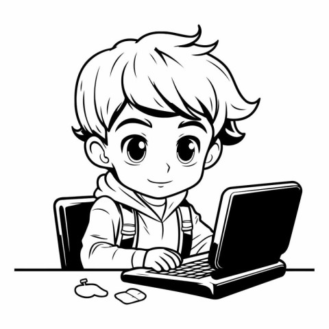 Boy Using Laptop - Black and White Cartoon Illustration. Vector