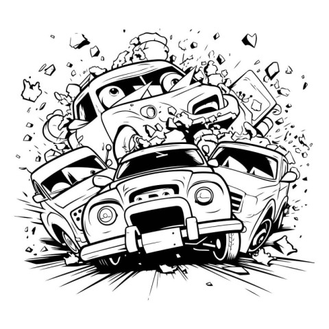 Car crash - vector illustration. Black and white illustration of