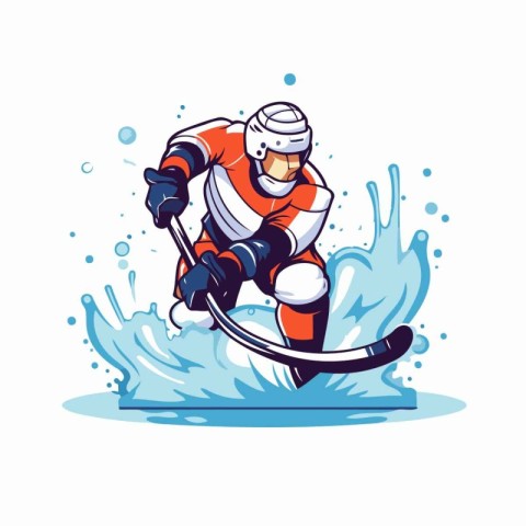 Ice hockey player with stick and puck. Vector illustration on wh