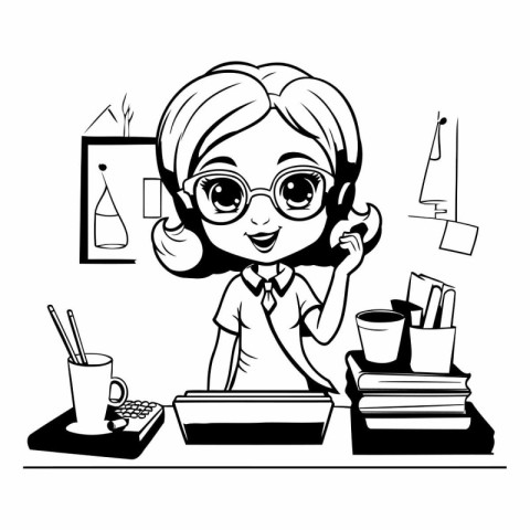 Black and White Cartoon Illustration of Girl Student in Glasses