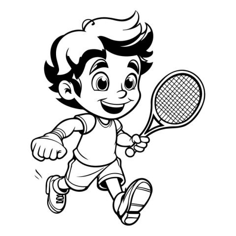 Black and White Cartoon Illustration of a Kid Playing Tennis or