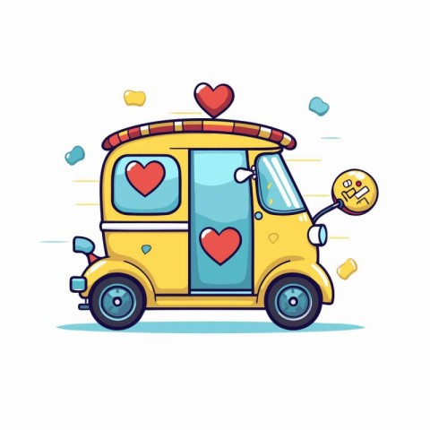 Cute cartoon school bus with hearts and key. Vector illustration