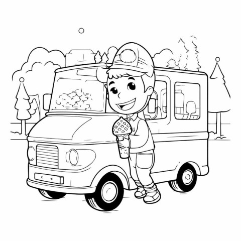 Black and White Cartoon Illustration of a Fast Food Truck or Foo