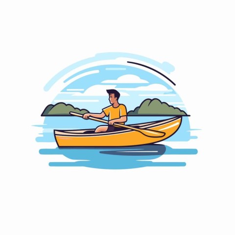 Man rowing in a boat on the lake. Flat vector illustration.