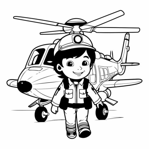 cute little boy pilot with helicopter - black and white vector i