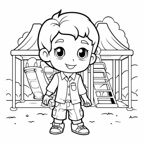 Black and White Cartoon Illustration of Little Boy Playing on Pl