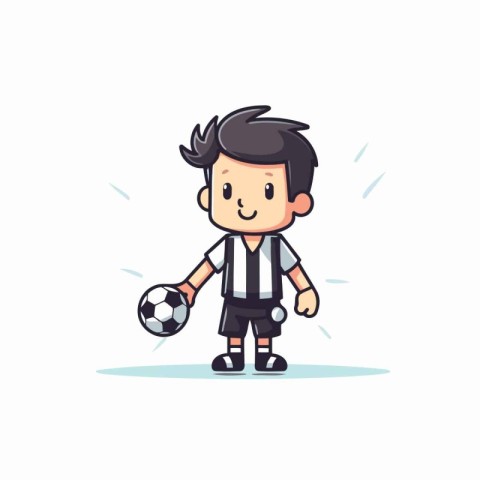 Cute soccer player holding ball. Vector illustration in cartoon