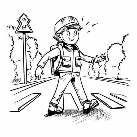 Cute schoolboy crossing the road. black and white vector illustr