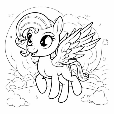 Coloring Page Outline Of a cute cartoon unicorn in the clouds