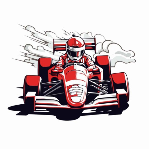 Red racing car with driver on a race track. Vector illustration.