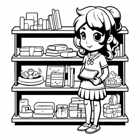 Black and white illustration of a girl standing in a book shop.