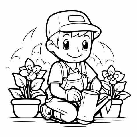 Black and White Cartoon Illustration of Cute Gardener Boy Charac