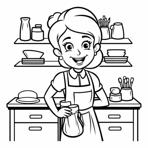 Girl in apron with apron in the kitchen. black and white vector