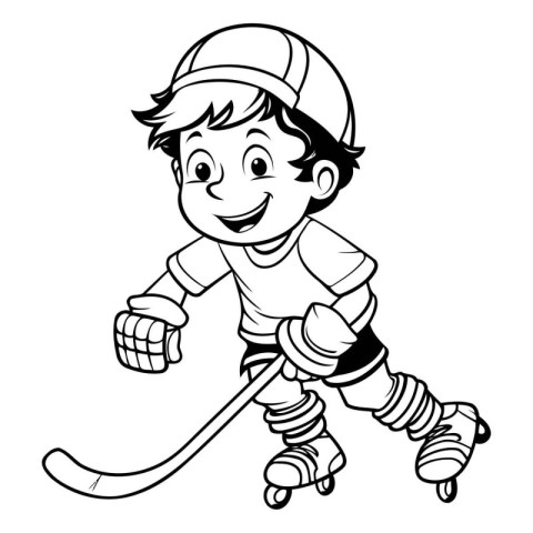 Boy playing hockey - Black and White Cartoon Illustration. Isola