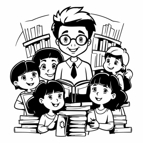 Group of children reading books. Black and white vector illustra