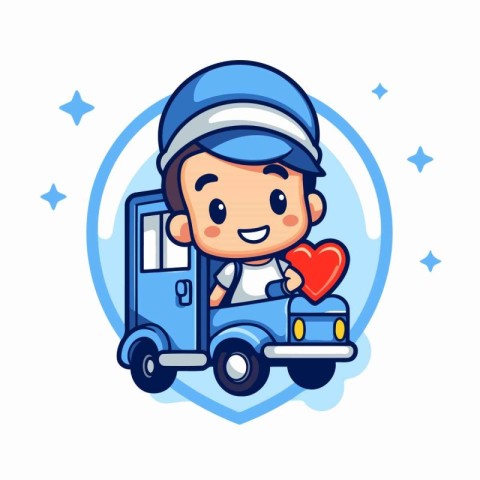 Delivery boy with truck and heart. Delivery service concept. Vec