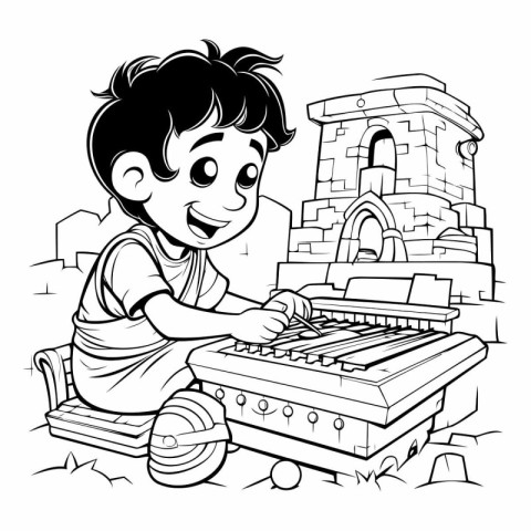 Black and White Cartoon Illustration of Little Boy Playing the P