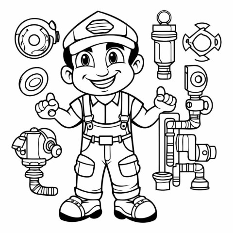 Cartoon Illustration of Cute Kid Boy Construction Worker Charact