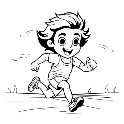 Boy Running - Black and White Cartoon Illustration. Line Art Sty