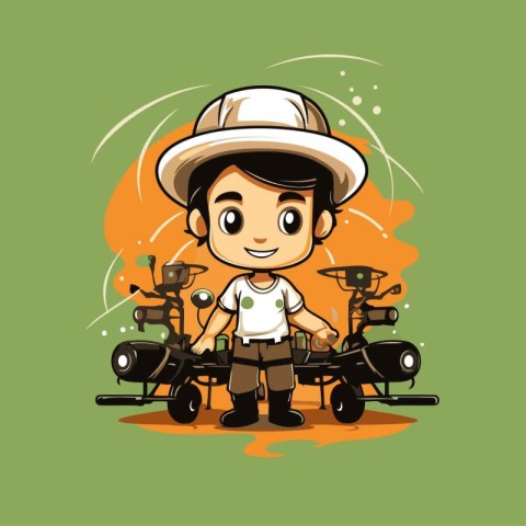 Illustration of a boy in safari outfit riding a quad bike