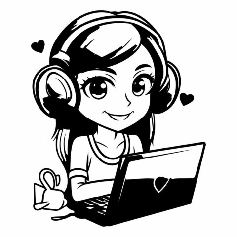 Black and White Cartoon Illustration of Cute Girl with Laptop fo